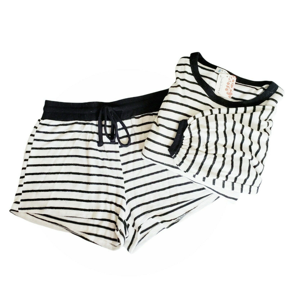 FREE PEOPLE Movement striped knit lounge pajama shorts top set ivory black S NEW - Picture 2 of 6